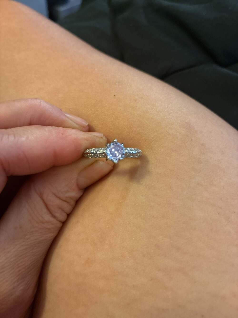 Vintage-Style Purple Moissanite and Diamond Accent Engagement Ring in White Meta